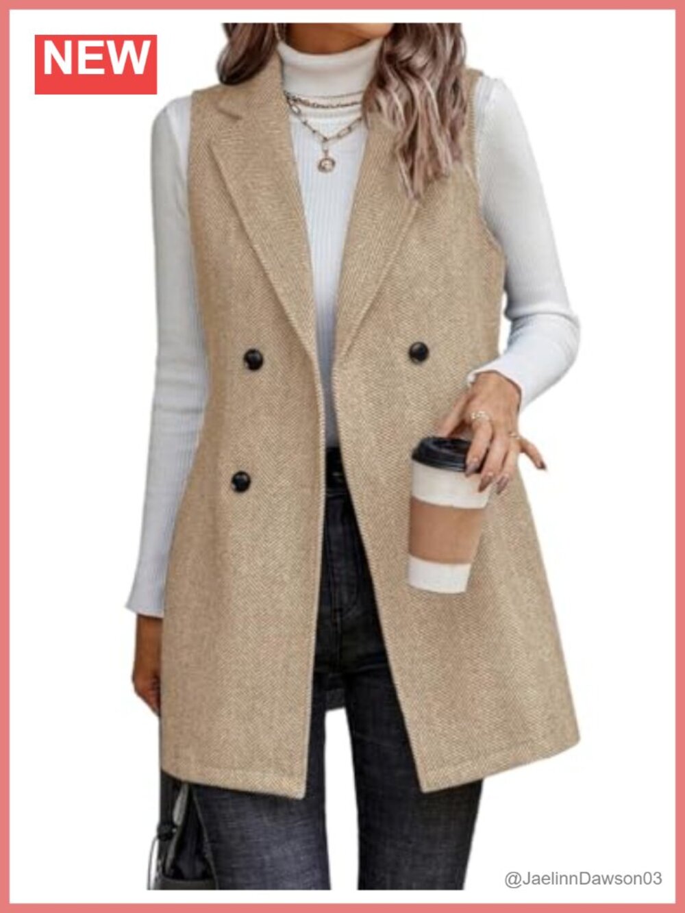 Womens Tweed Long Vest Sleeveless Double Breasted Blazer Jacket Outerwear